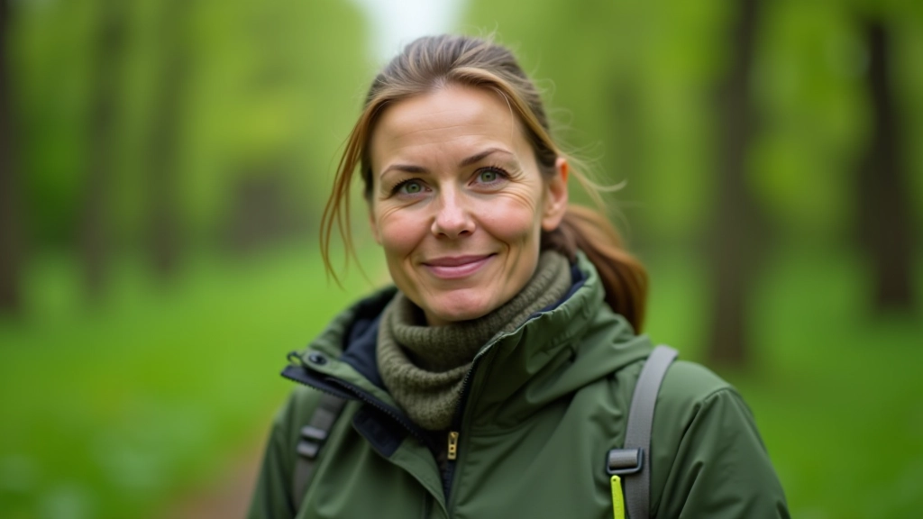 Moteris, biolog, 48-ių metų, intelektualus žvilgsnis, šviežias veidas, profesionalus nuotrauka, gamtos aplinka