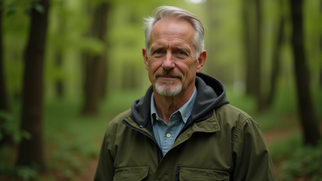 Vyras, ekskursijos vadovas, 55-ių metų, ramūs žvilgsnis, miško aplinkoje, profesionalus šypsnis