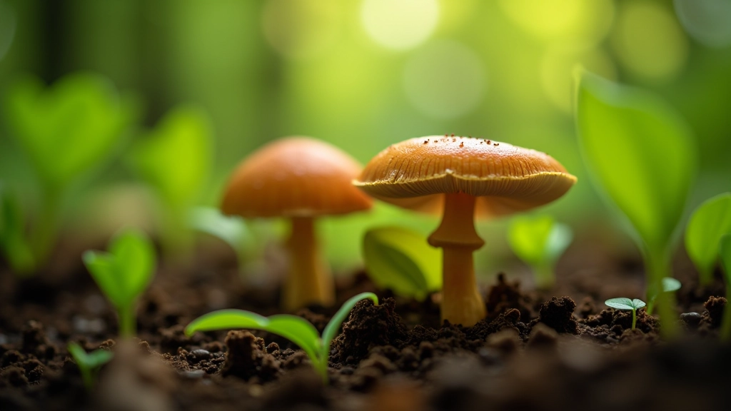 Keletas grybų miško gruntame, šviečia saulė, augalai aplink